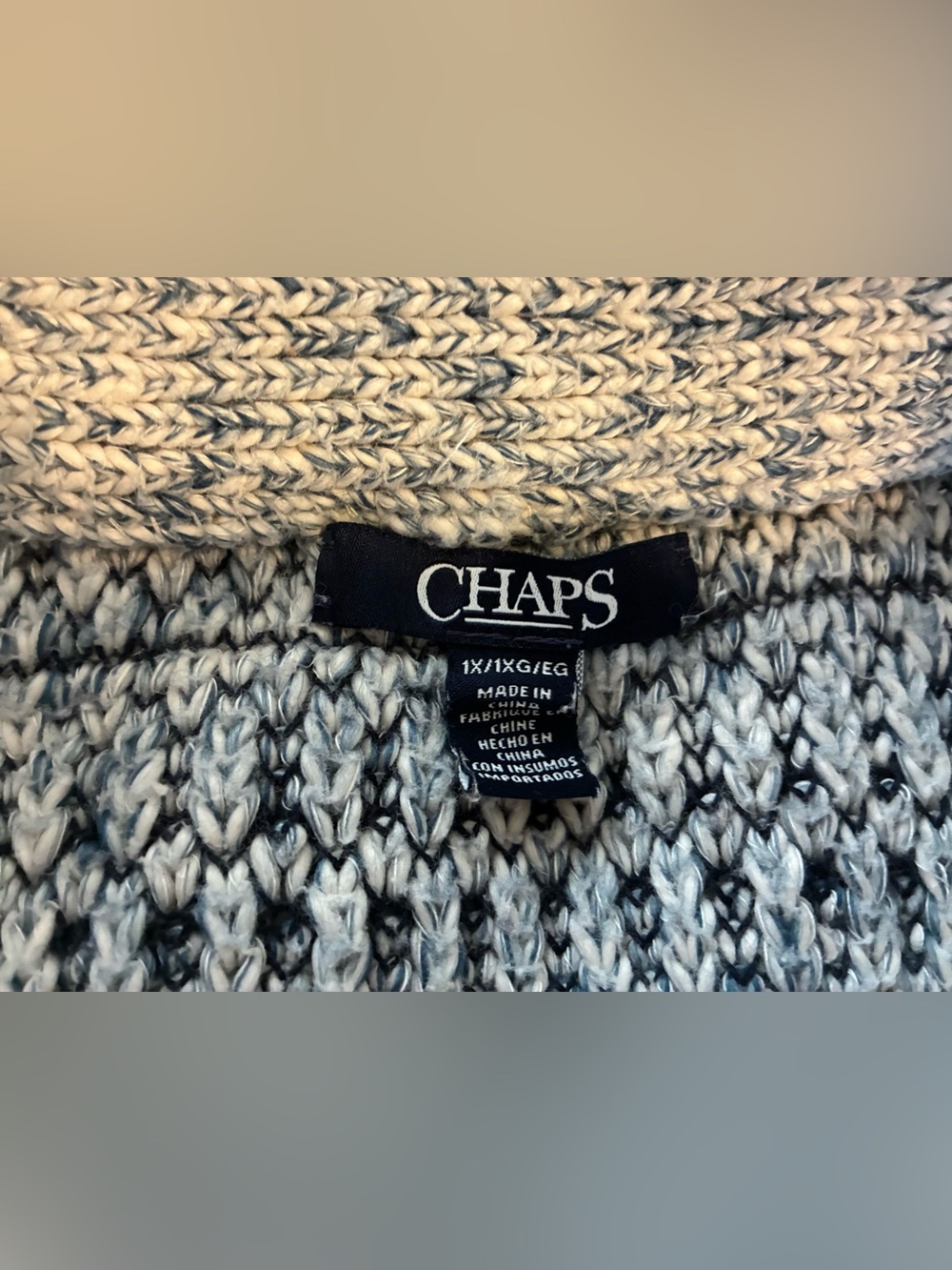 Chaps 1X Chunky Knit Cardigan Navy Cream Open-Front Pockets - Picture 5 of 5